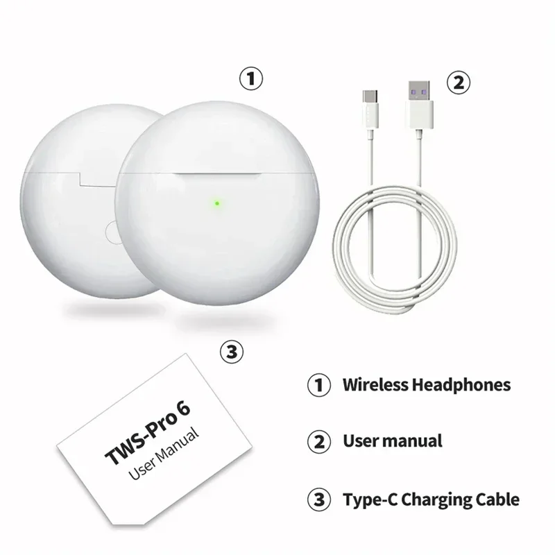 Auricolari Bluetooth TWS wireless Pro 6 con microfono Cuffie sportive compatibili con iPhone Xiaomi Super comode da indossare