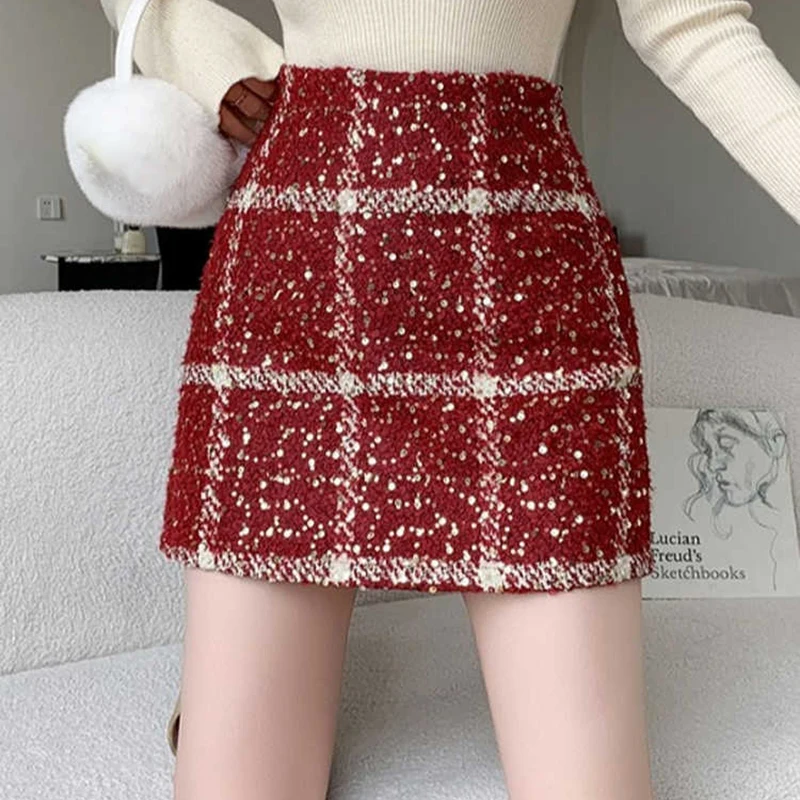 Red Plaid Sequin Woolen Half Skirt Women's Autumn Winter Temperament High Waist A-line Short Skirts Anti- glare Slim Skirts