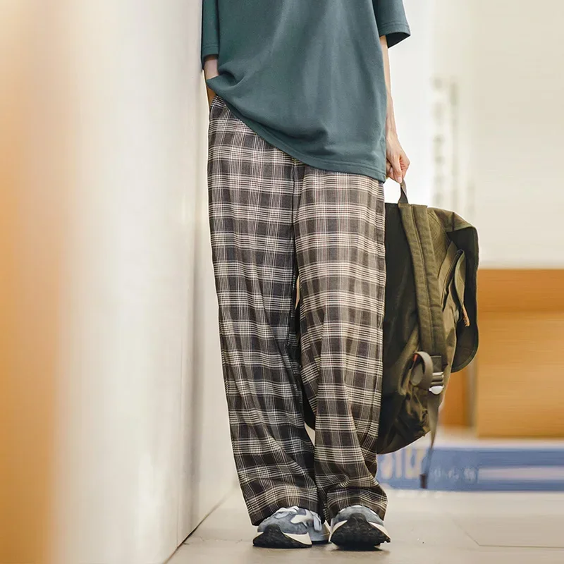 

Maden женские винтажные повседневные брюки в клетку с эластичной резинкой и высокой талией, прямые мешковатые брюки, корейские модные летние свободные широкие брюки