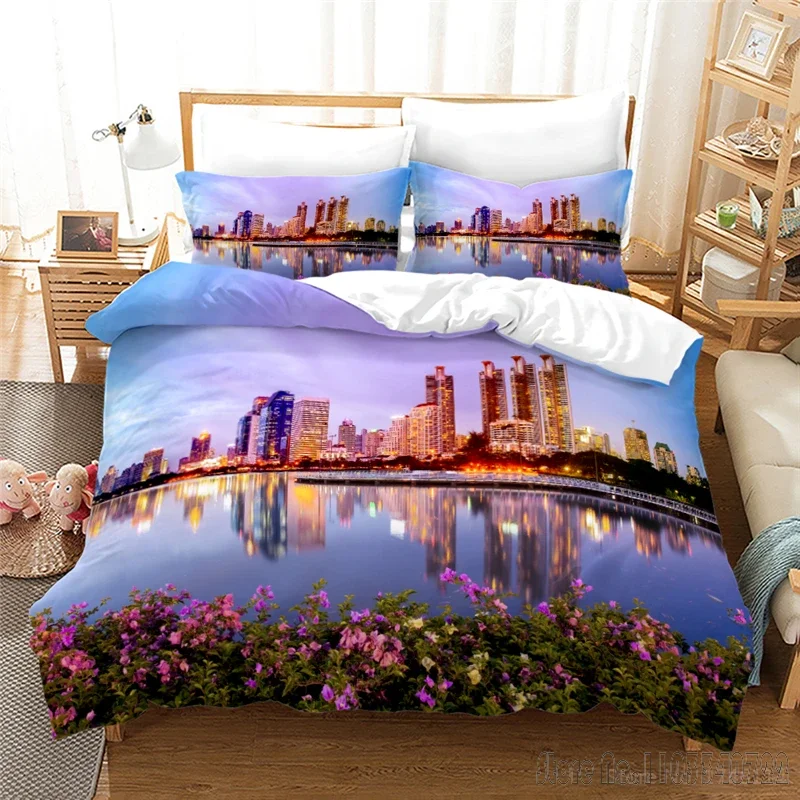 3D City Night View Print Love Child Duvet Cover Set HD Comforter Cover Bedclothes for Kids Bedding Sets Bedroom Decor