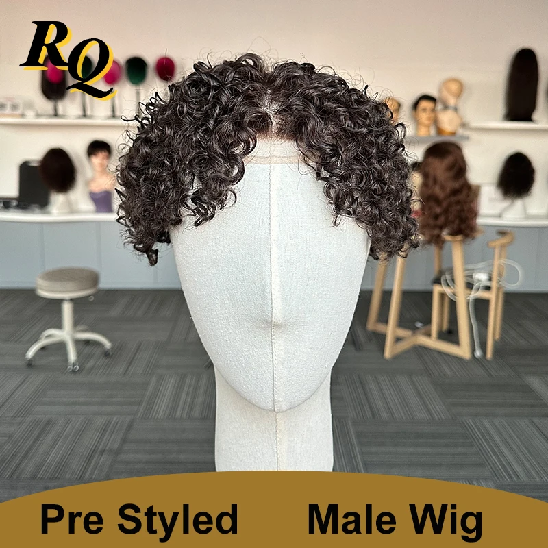 Q6 Men Toupee Peruk 15mm Curls Pre Cut Styled Human Hair Toupee For Men Hair Replacement System Piece Protesis Hombre Male Wig