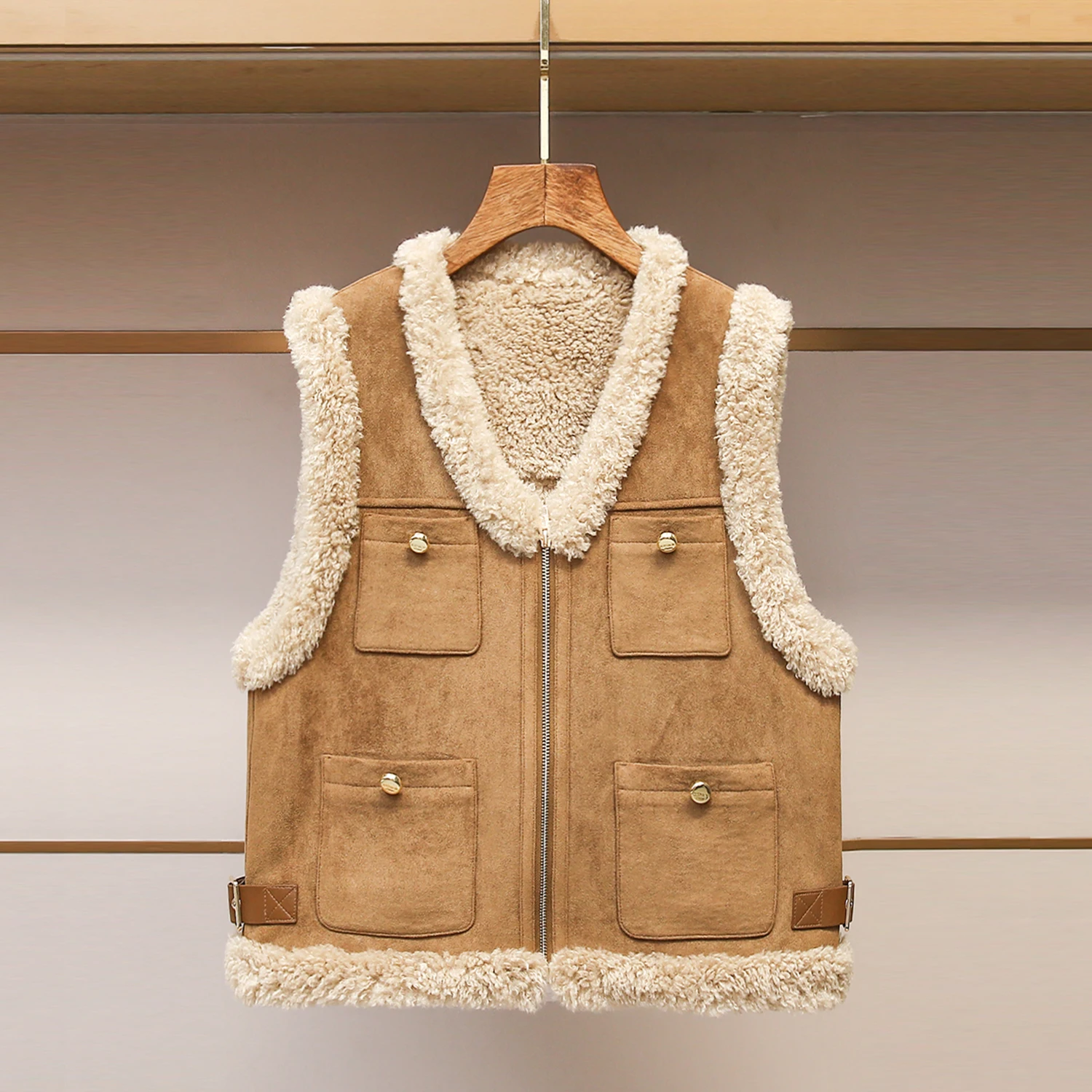 

High-End Women's Furry Patchwork ort Svel Vest Sle Winter New Arrival by Nan You Commuter Sle with ket