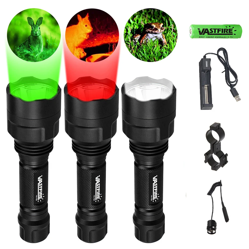 Tactical C8 Hunting Flashlight Green Red 1-Mode Predator Handheld Torch for Coyote Hog Varmint+Clip+Tail Switch+18650+Charger