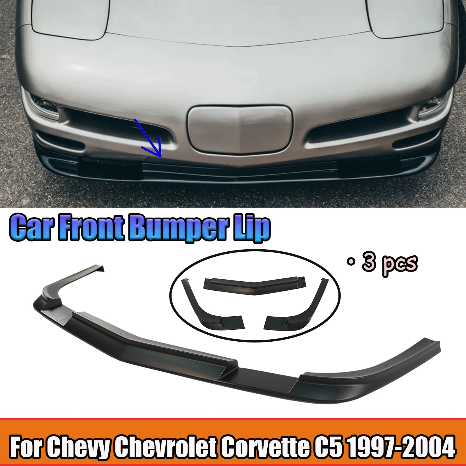 For Chevy Corvette C5 1997-2004 Car Front Bumper Lip Spoiler Splitter Body Kit Glossy Black Carbon Fiber Style ABS Plastic