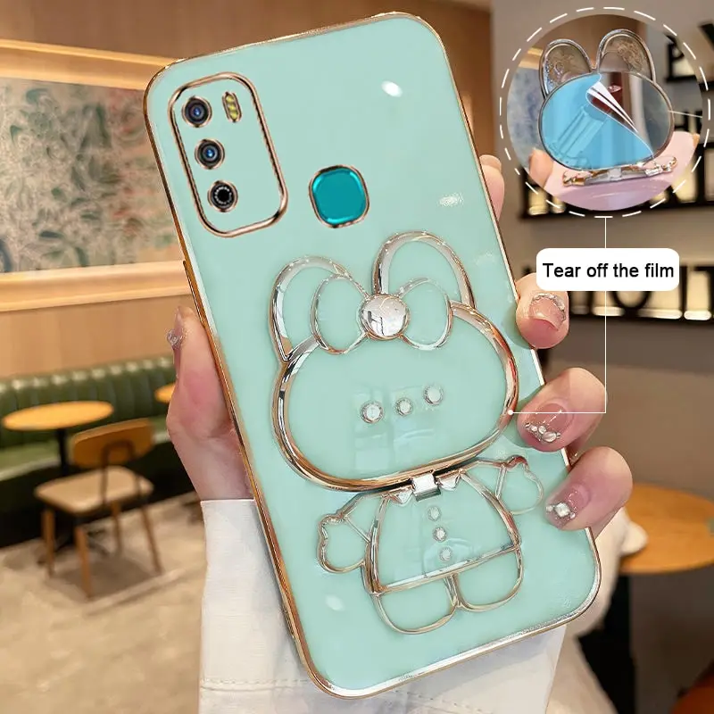 Makeup Mirror Phone Case For Infinix Hot 9 Play X680 Plating Cartoon Rabbit Folding Bracket Phone Protection Case Cover