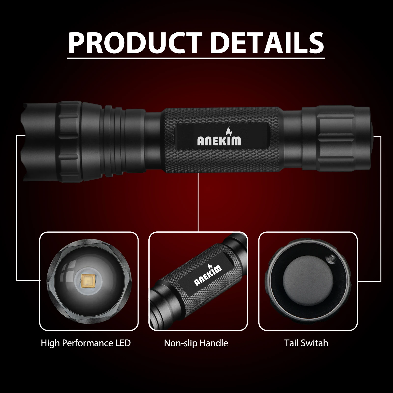 ANEKIM FL11 Red Tactical Flashlight, 1200LM Zoomable Single Mode Torch, USB Rechargeable 18650 Battery, Hunting Coyote Wild Hogs