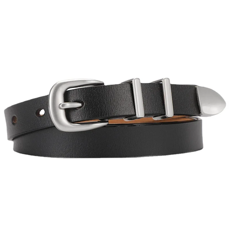 New Online Celebrity with Retro Style Women's Leather Belt Simple Needle Buckle Versatile Jeans Belt Black Luxury Belt