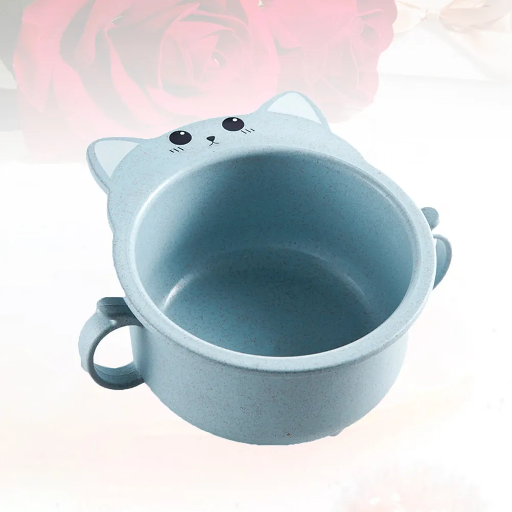 Cat Design Small Wheat Straw Bowl Blue Handle Eco Friendly Children Dinnerware Noodle Soup Cereal Cartoon Wheat Straw Bowl
