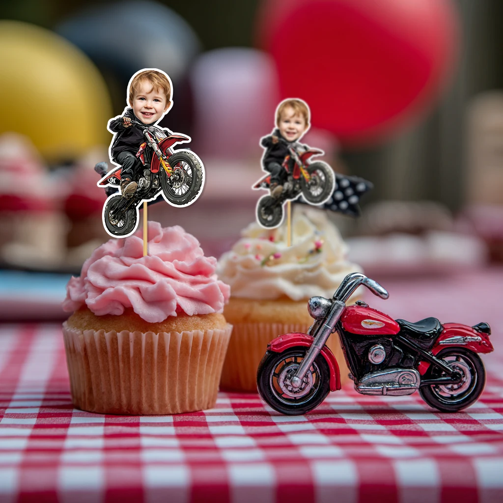 Adorno para tarta de motocicleta con cara personalizada, fiesta de celebración de cumpleaños temática de motocicleta, decoración de celebración de aniversario, 8/16 Uds.