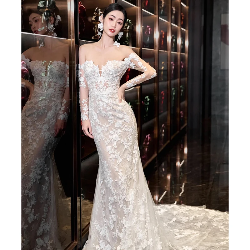 Robe de Mariée Sirène en Dentelle avec Fermeture Éclair, Dos aux, Style Coréen, Sexy, 2024