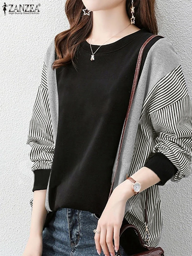 2024 ZANZEA Casual Loose Shirt Stylish Autumn Sweatshirts Women Long Sleeve Work Blouse Striped Patchwork Tops Female Pullovers