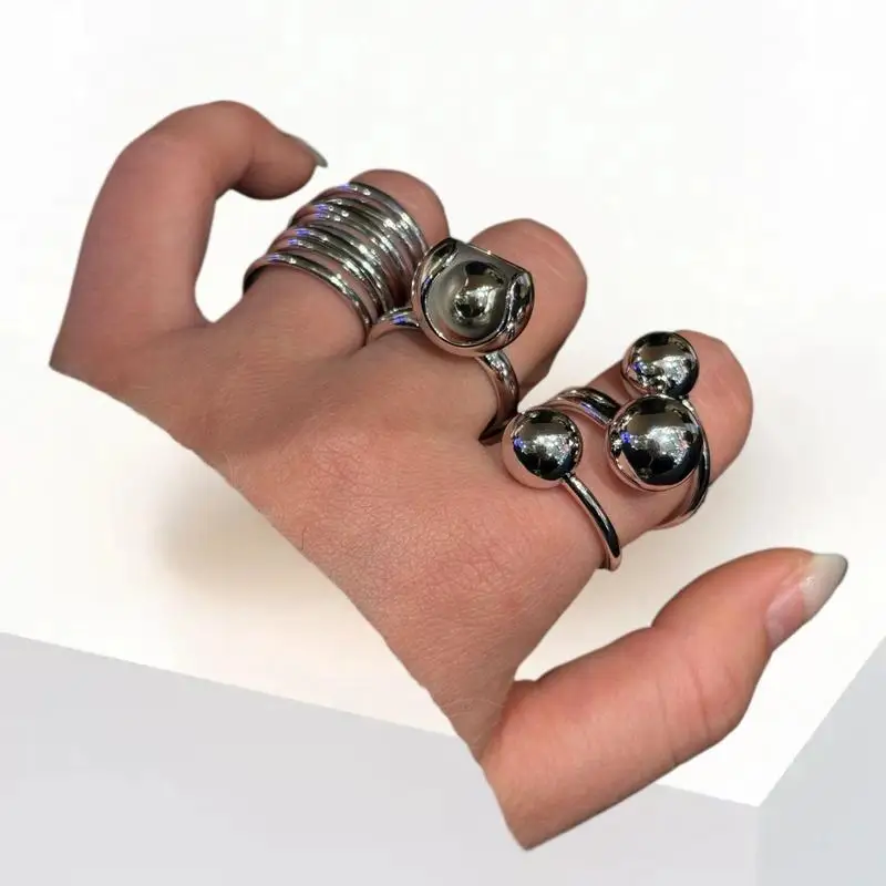 1x المبالغة الشرير المعادن شخصية تصميم هندسي زهرة الكرة شكل خواتم للنساء موضة بسيطة قابل للتعديل مجوهرات هدية #2