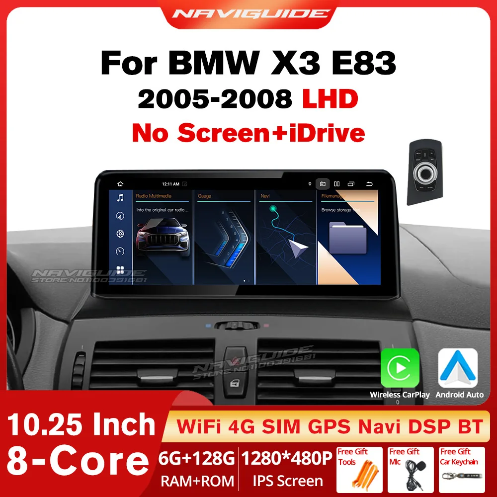 NAVIGUIDE 10.25'' Android 13 Car Radio For BMW X3 E83 NO Screen 2005-2008 Wireless Carplay Multimedia Player GPS BT FM 4G WiFi