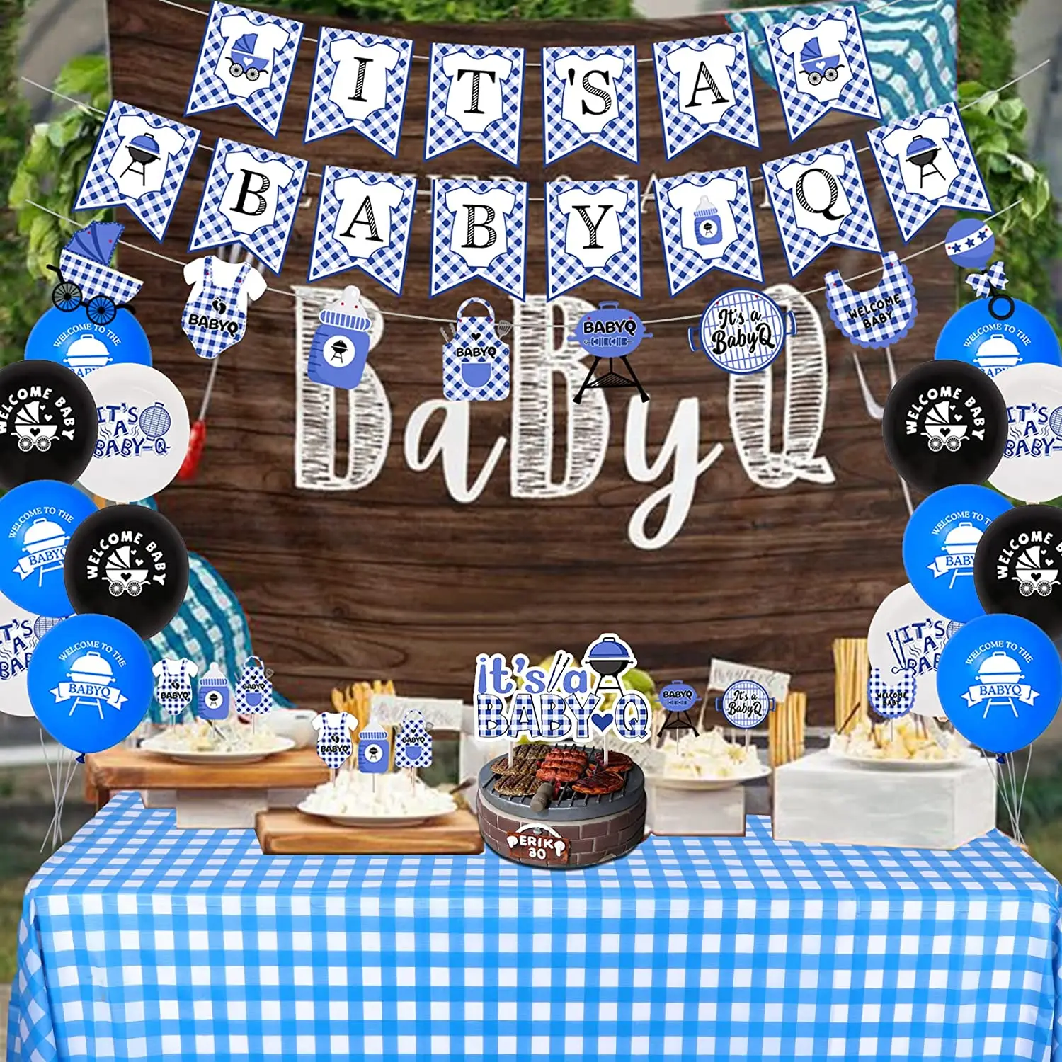 Barbecue Themed Party Supplies with Checked Tablecloth, Foil Balloons, BBQ Baby Shower Decor, Baby Q Party