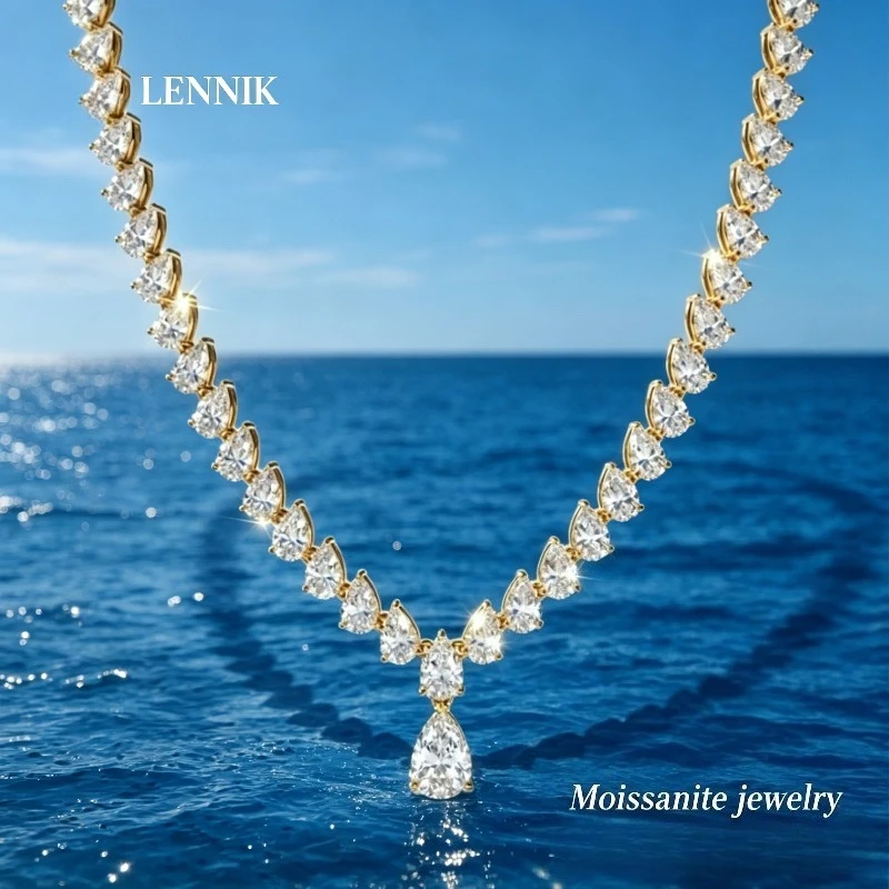 

LENNIK 4CT 8 * 12mm Pear Cut Full Moissanite Tennis Necklace V Women's S925 Silver Full Lab Diamond Party Bridal Necklace