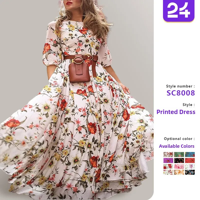 Długa spódnica maxi z szyfonu w kwiatowy wzór, elegancka, do pracy, z średnim stanem, z poliestru, długość do kolan.