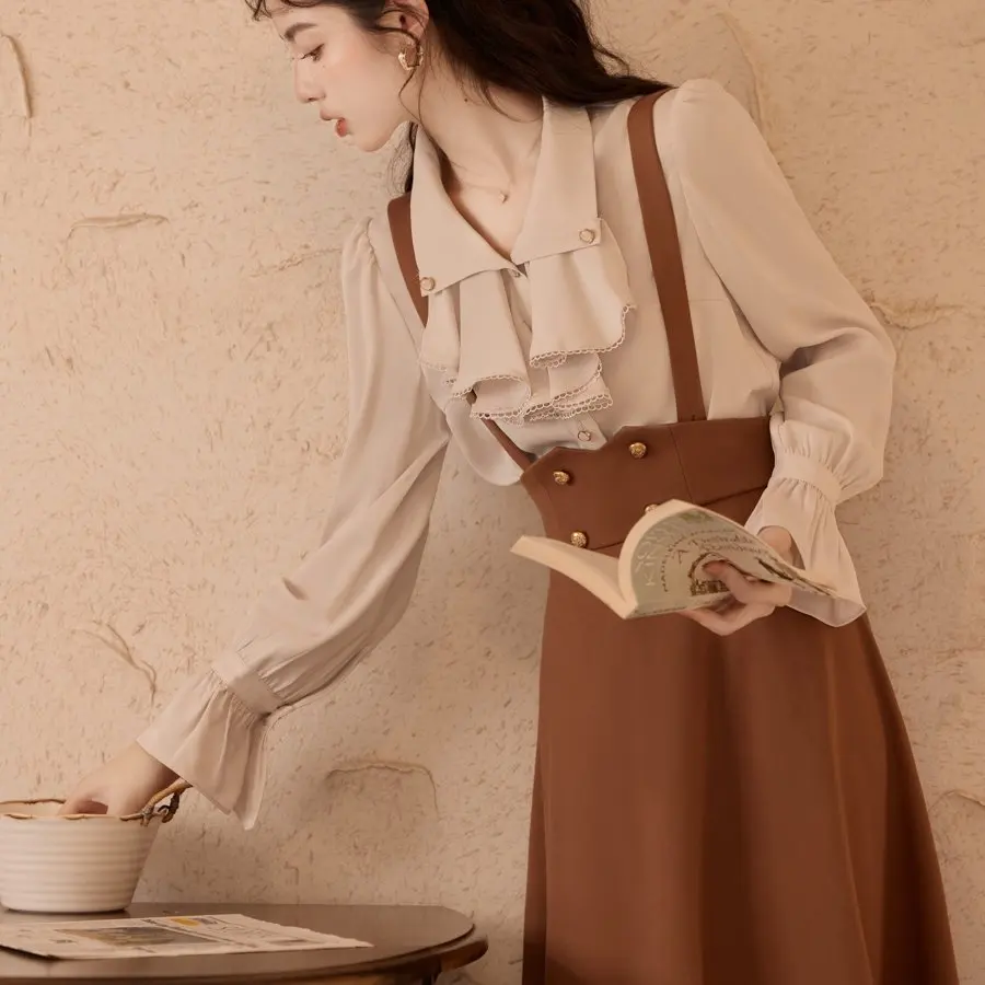 

Elegant High Waist Overalls Shirt And Skirt Set Salt Series Autumn New Ladylike Two-Piece Suit Breathable Polyester Fiber
