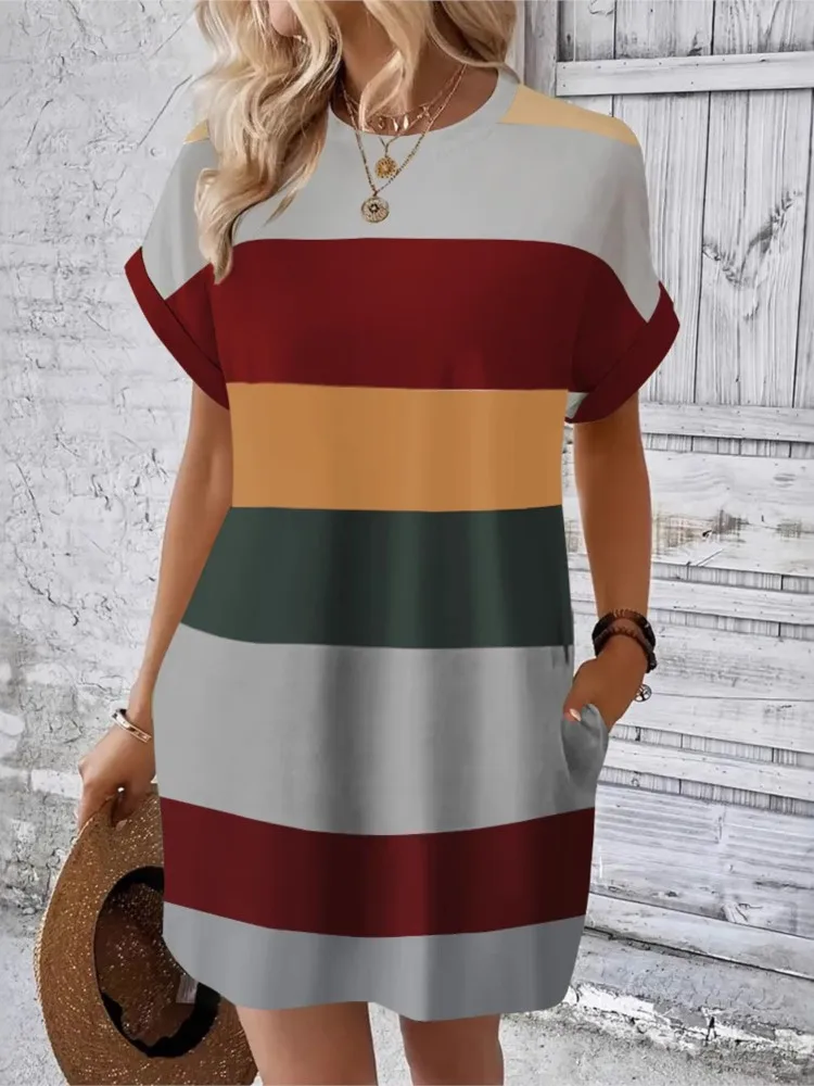 Vestido informal a rayas para mujer, Mini Vestidos a la moda de manga corta con cuello redondo, ropa de calle para vacaciones en la playa, Vestidos, ropa para mujer nueva