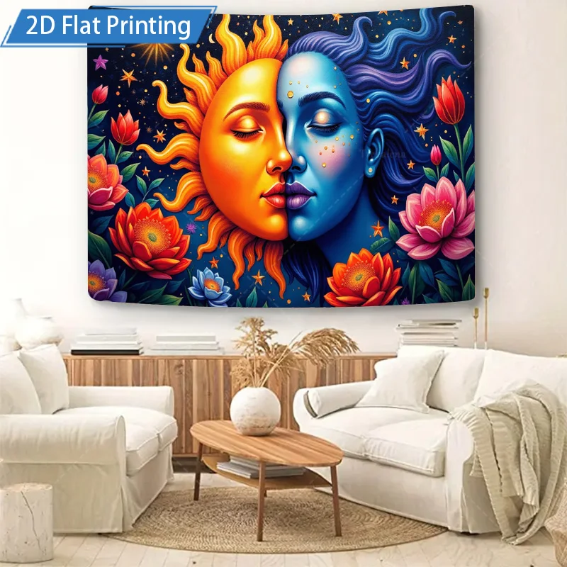 1pc Wall Tapestry "Sunny Moon Kiss Tapestry - Boho Floral Wall Hanging for Home Decor" - Image 5