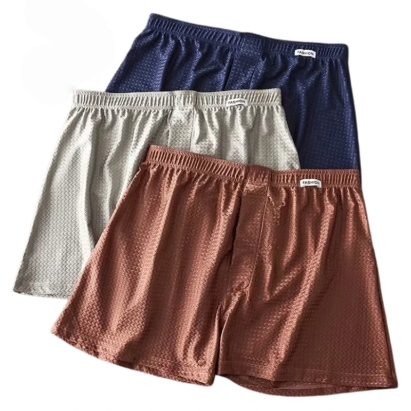 2 Pack Men's Ice Silk Boxers Mid-Rise Loose Fit Summer Cool Trendy Sheen Underwear Sleepwear Male Panties