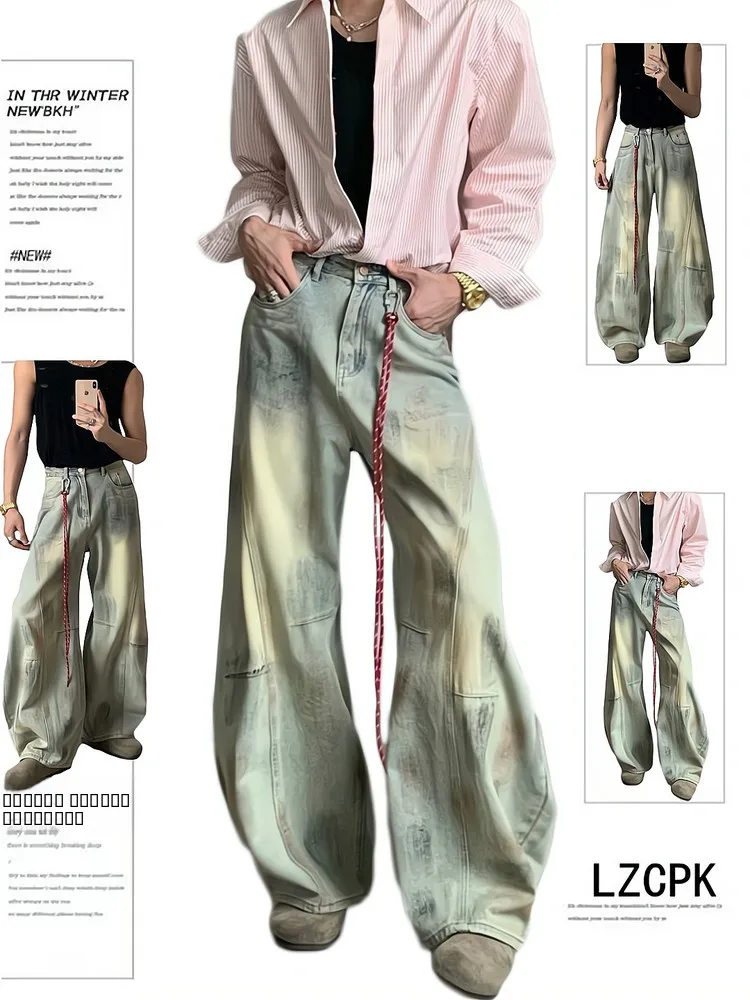 

Ретро-джинсы в американском стиле с эффектом потертости, с высокой талией, широкими штанинами, свободного кроя, из денима, для женщин, осенне-зимние, новые, повседневные брюки