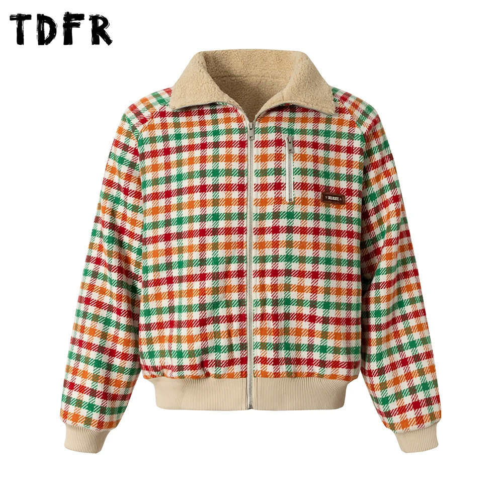 

Houndstooth Sherpa Padded Jacket Mens Retro Winter Casual Loose Lapel Long Sleeve Thick Outerwear Man