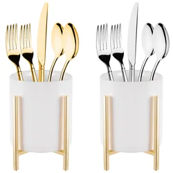 2Pcs Sturdy Cutlery Holders White Ceramic Cup With Golden Metal Bracket Robust Silverware Caddy Round Utensil Crock For Kitchen