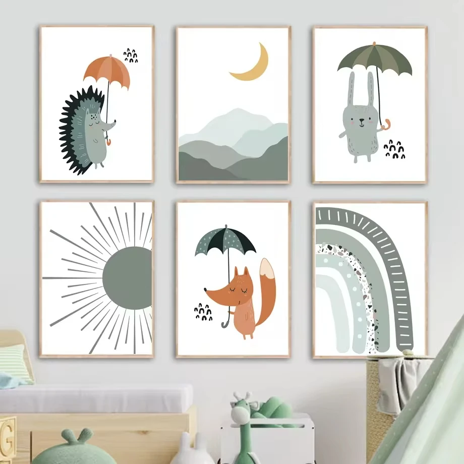 Bohemian Wall Art Canvas Painting Cartoon Animal Fox Hedgehog Rabbit Rainbow Sun Poster Kindergarten Children's Room Decoration