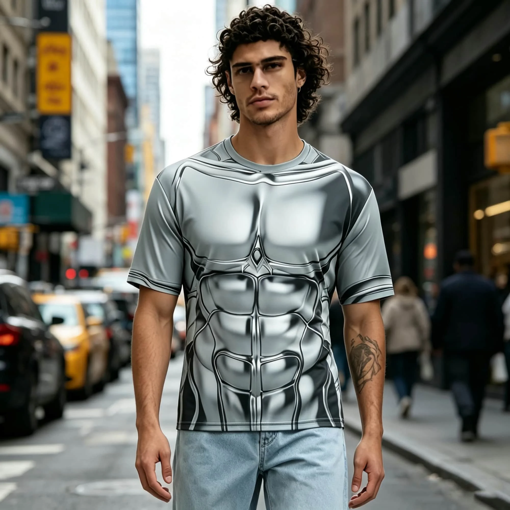 Novelty Fake Metal Muscle Armor T‑shirt Men 3D Optical Illusion Print Crew Neck Short Sleeve For Party Cosplay