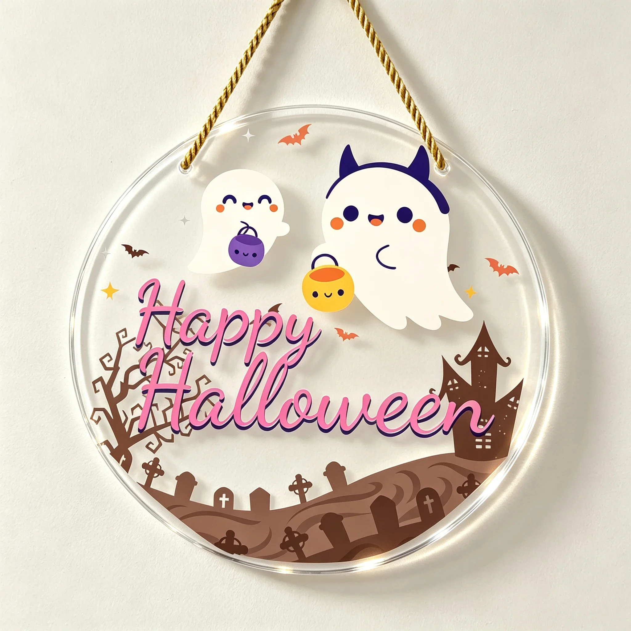 Sweet Cartoon Ghost Clear Acrylic Hanging Ornament, Pink‑Text Fall Home Decoration,Whimsical Ghost Trick‑or‑Treat Wall Hanging, Cheerful Halloween Party Gift