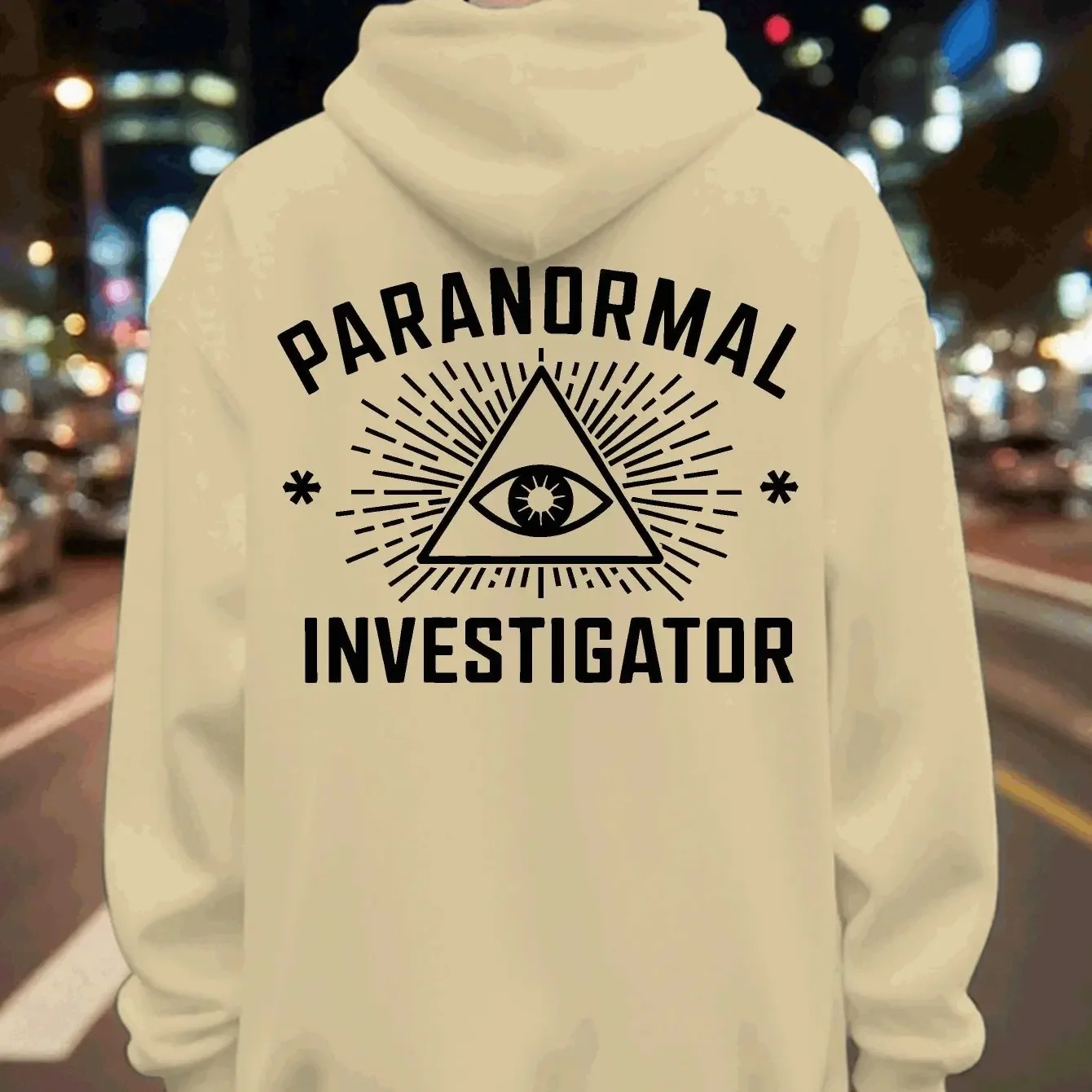 Paranormal Investigator Evil Eye Graphic Hoodie Men Mysterious Triangle Back‑Print Casual Loose Hooded Sweatshirt Unisex