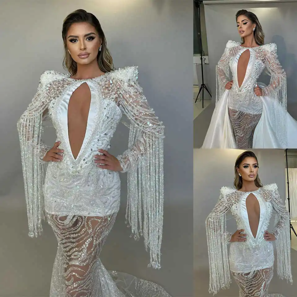 Sexy Mermaid Wedding Dresses For Women V Neck Long Sleeves Bridal Gown Sequins Crystal Pendant Detachable Train Customized Dress