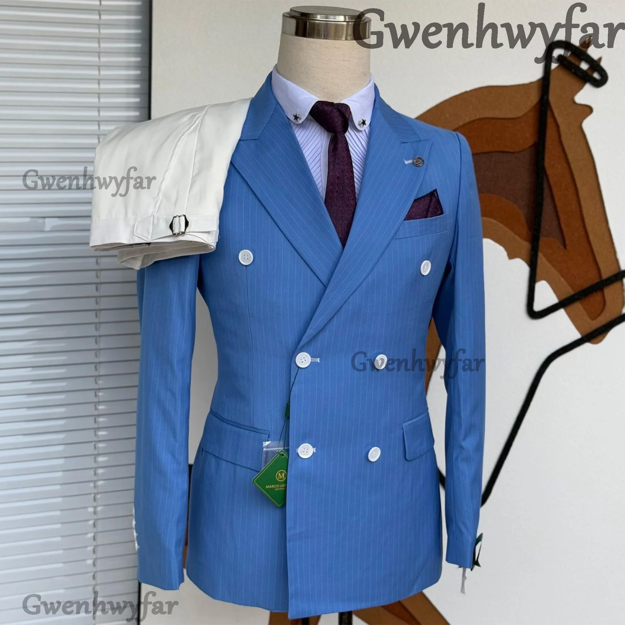 Gwenhwyfar Brow Pinstriped Notch Lapel Fabric Double Breasted Overcoat Business Jacket Vest Pant Customizable 3 pieces Party