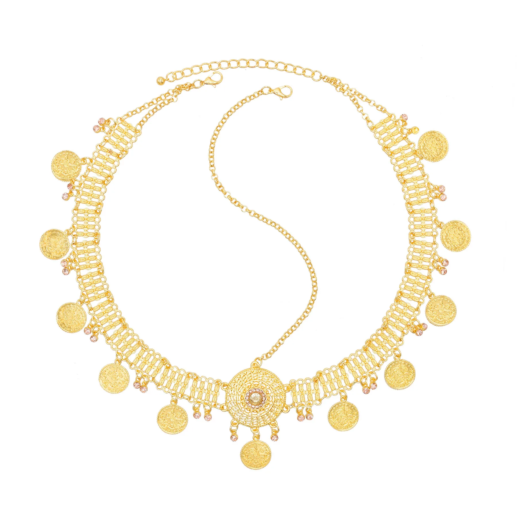 

Indian Gold Metal Coin Tassel Rhinestone Flower Dance Head Chains for Women Bridal Wedding Hair Accessories