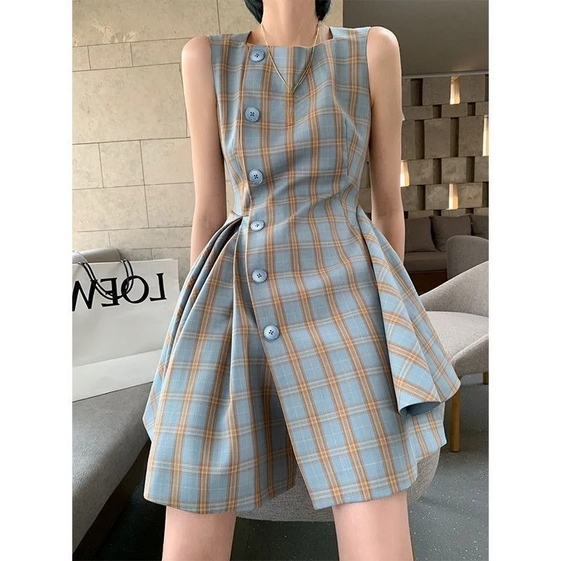 

Summer New French Niche Light Mature Style Vest Skirt, Slimming Temperament, Girlish Feeling, Plaid Sleeveless Dress