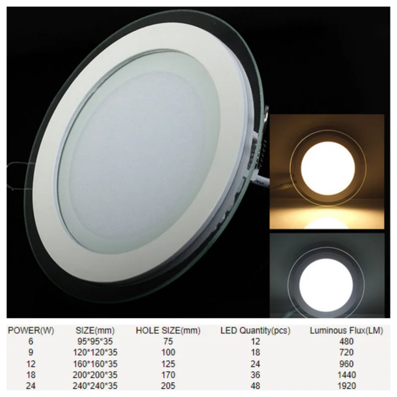 Round LED Downlight 6W 9W 12W 18W 24W Glass LED Panel Recessed Ceiling Spot Down Light Indoor Lighting Lamp AC110V 220V Aluminum