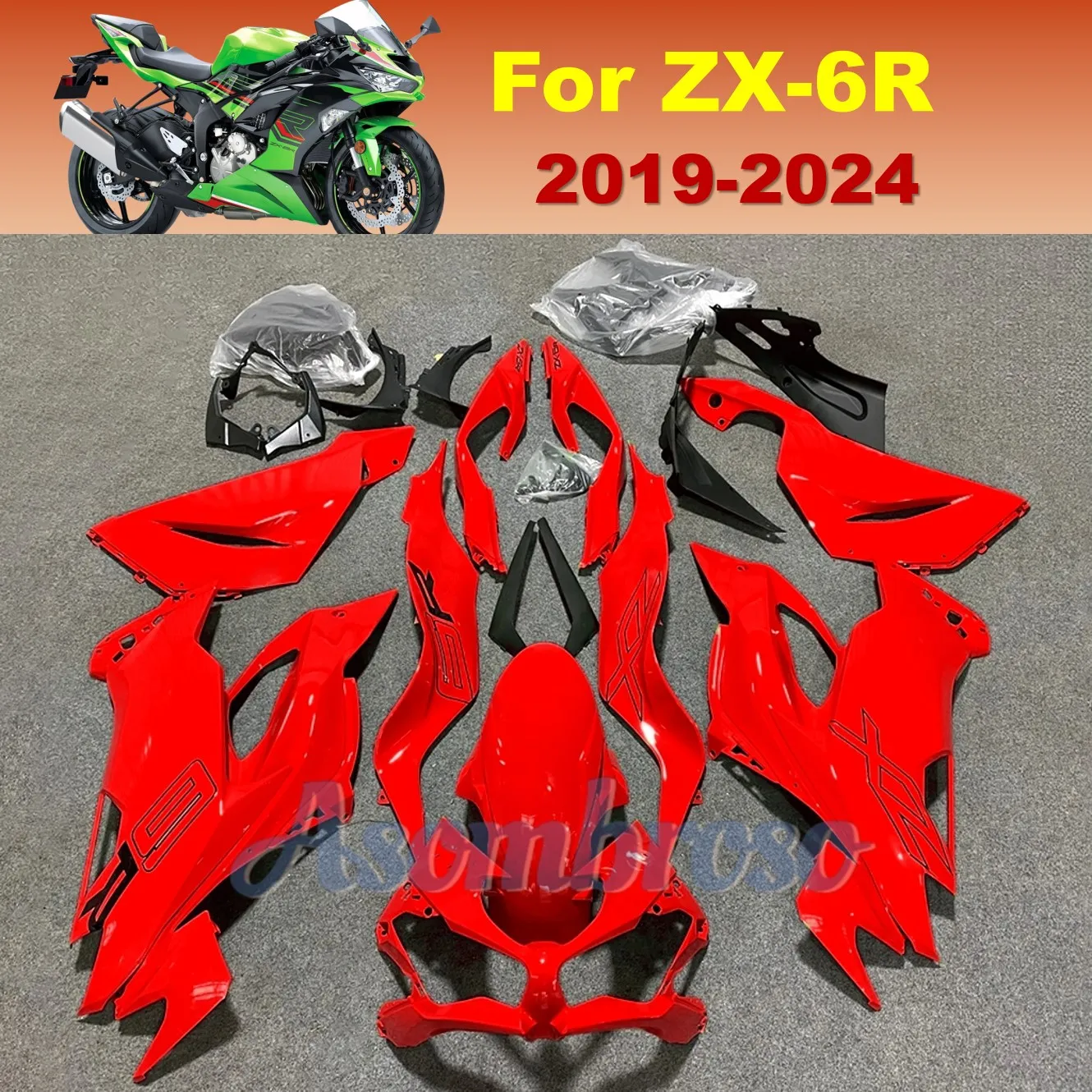 For KAWASAKI ZX6R 2019 2020 2021 2022 2023 2024 ZX-6R Full Fairing Kits ABS Plastic Injection Bright red  Bodywork Cowling