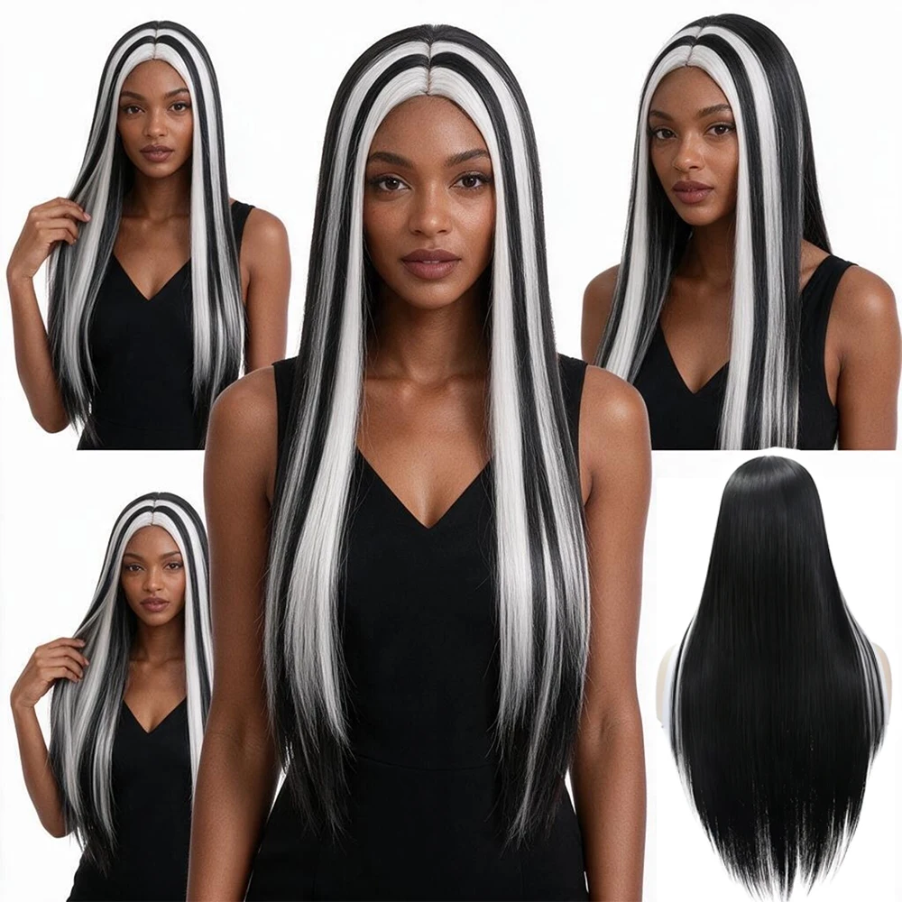 Black and White Contrast Long Straight Wig with Highlights Synthetic Fiber African Woman Cosplay Wig Party and Holiday Headpiece - view 5