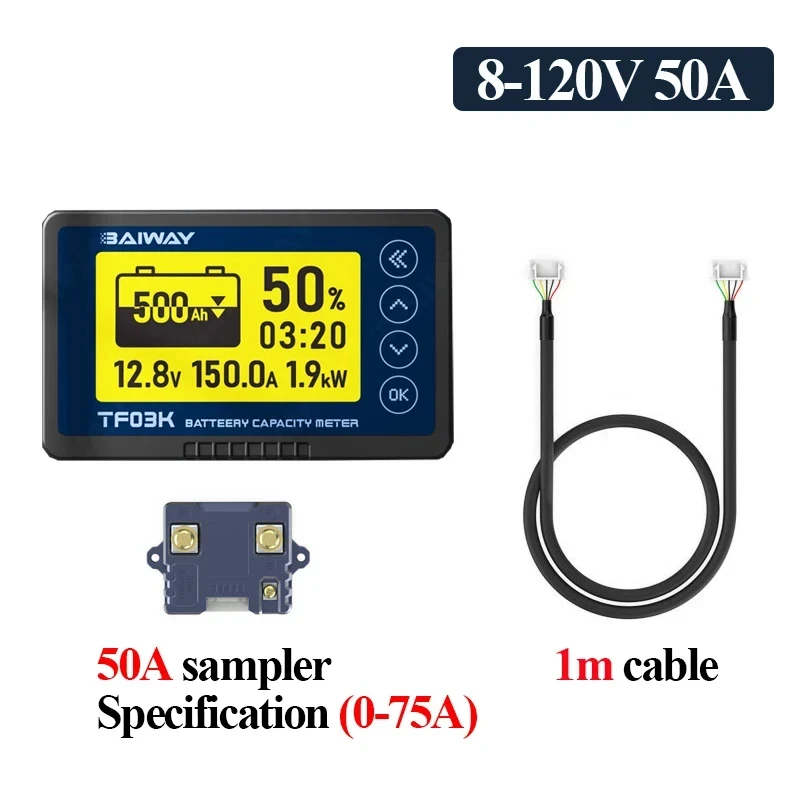 TF03K Coulometer 8-120V 50/100/350/500A Battery Capacity Indicator Voltage Current Display Lithium Lead Acid Battery Detector