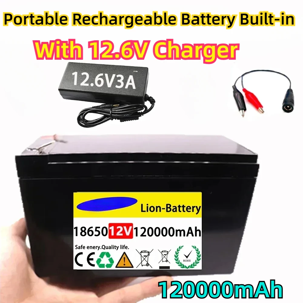 

With 12.6V Charger 120000mAh Portable Rechargeable Battery Built-in Upgraded 12V 5V 2.1A USB Power Display Charging Port