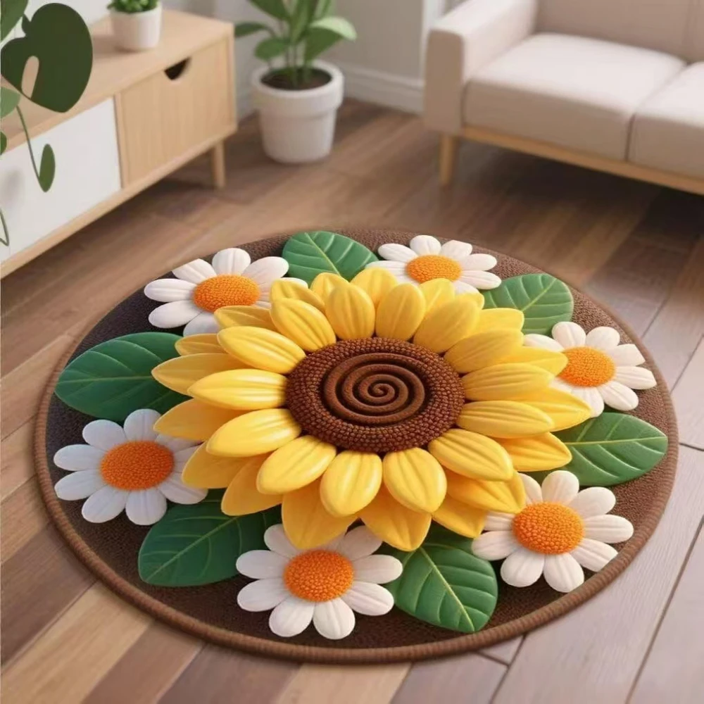 3D Visual Effects Sunflower Round Carpet Living Room Decor Children Bedroom Carpet Floor Mat Hallway Non-slip Rug Bedside Rug
