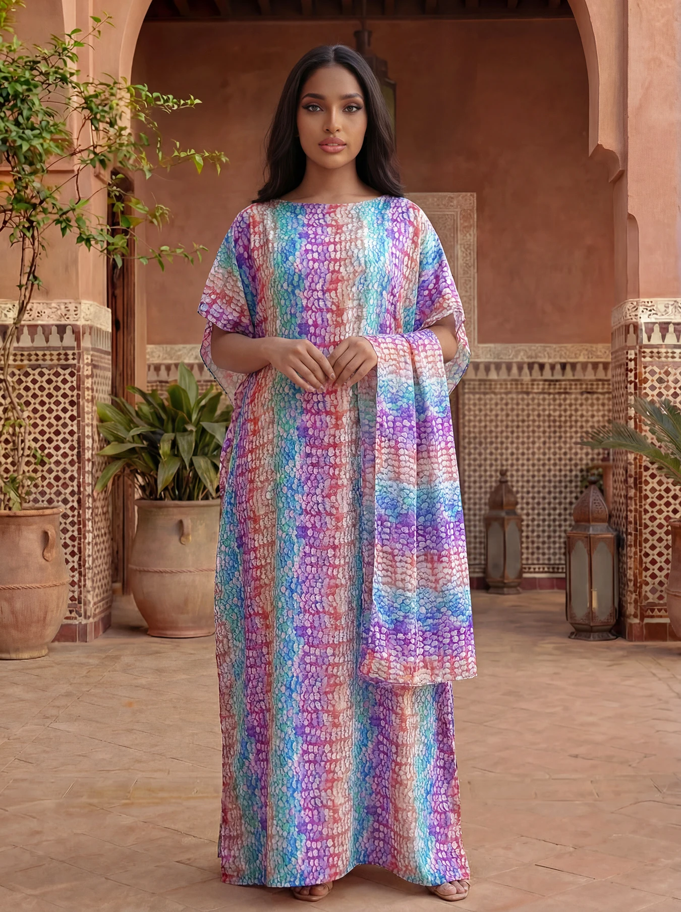 Damen Sommer Mode Afrikanischer Druck Seiden-Kaftan Langer Hijab Schal Übergroßes Muslimisches Damenkleid Eleganter Kuwait Abaya Schal