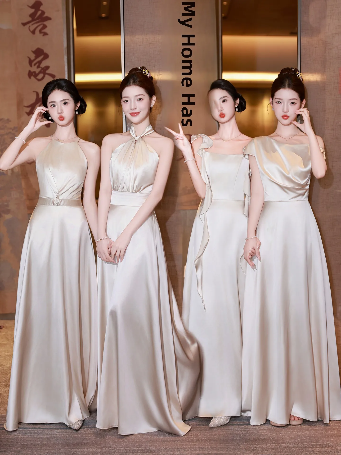 

Шикарные атласные платья цвета шампань для подружек невесты в корейском стиле, элитные, уникальные, длинные юбки, вечерние платья для сестринских групп