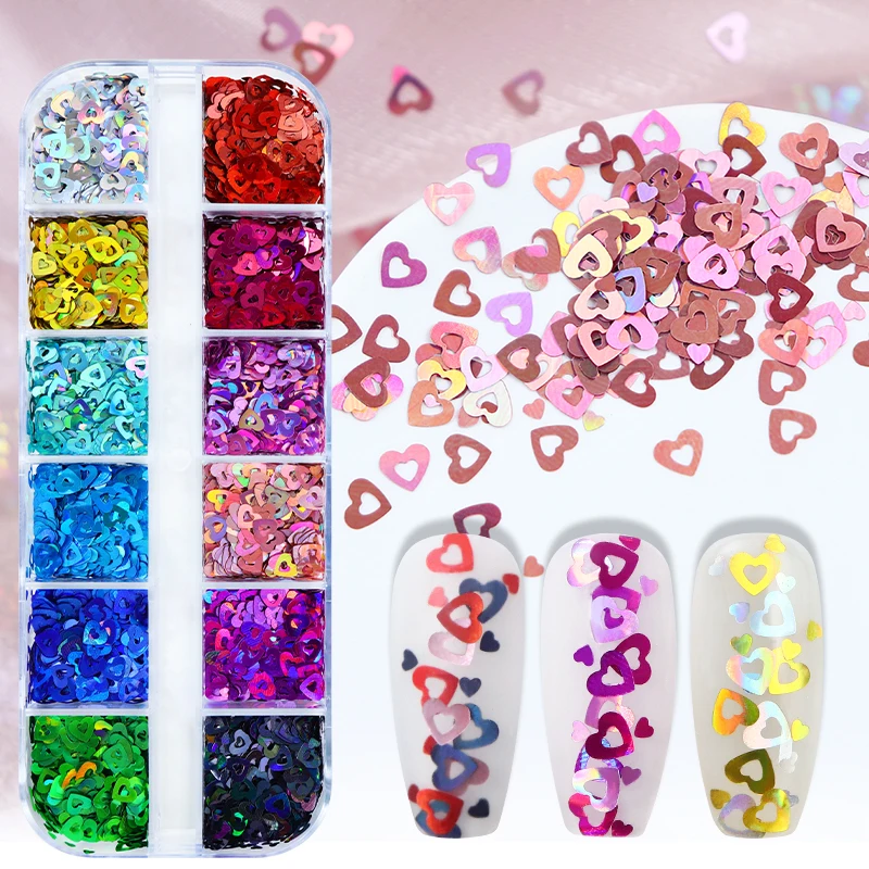 Holographic Love Heart Nail Art Sequins Decoration Laser Hollow Hearts Glitter Flakes Valentines DIY Nails Accessories And Tools