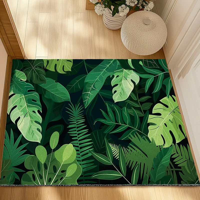 Tropical Plant Themed Door Mat With Various Green Leaf Patterns Artistic Vibrant Print Mat Non Slip Floor Mat For Entryway