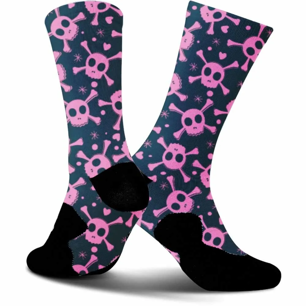 Interesting black and pink skull pattern sports cycling socks, fashionable trend, unisex, sweat absorbing, durable, bicycle gift