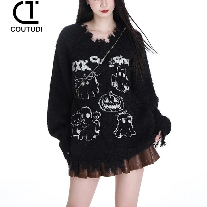 COUTUDI Y2k Oversized Woman Halloween Sweater Gothic Cute Ghost Streetwear Loose Winter Vintage Knit Long Sleeve Knitwear Tops