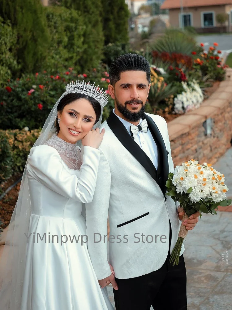 فساتين حفلات الزفاف المقدسة رقبة عالية وأكمام طويلة على شكل حرف a فستان عرائس مع خرز فستان زفاف الكنيسة مخصص رداء السهرة