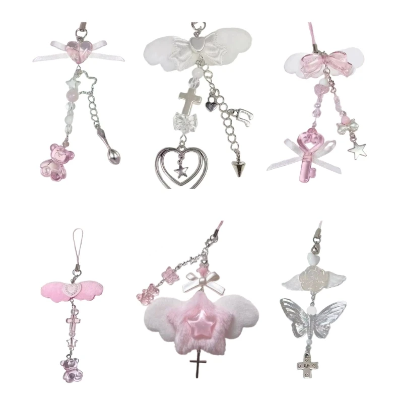 Cordão de Telefone com Laço e Pingente de Asa de Anjo, Chaveiro Estiloso, Cordão para Telefone, Chaveiro de Acrílico, Enfeite para Bolsa