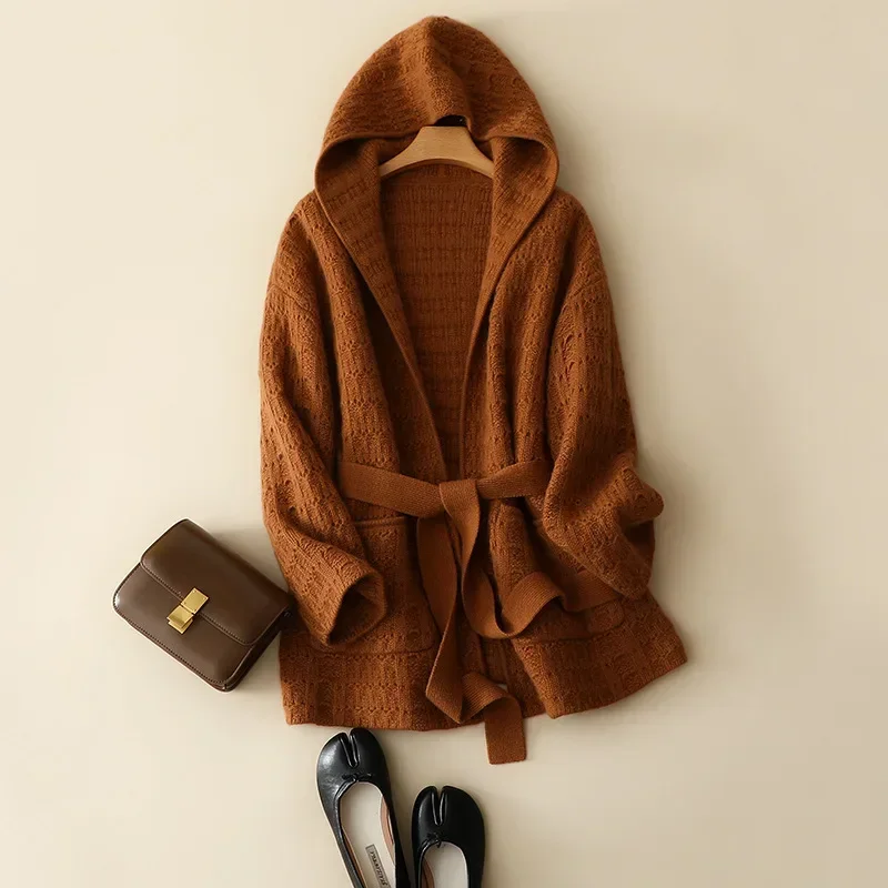 aliaga winter thick cashmere wool hood cardigan coats women knitted chic outerwear with belt oversized ladies fashion sweaters